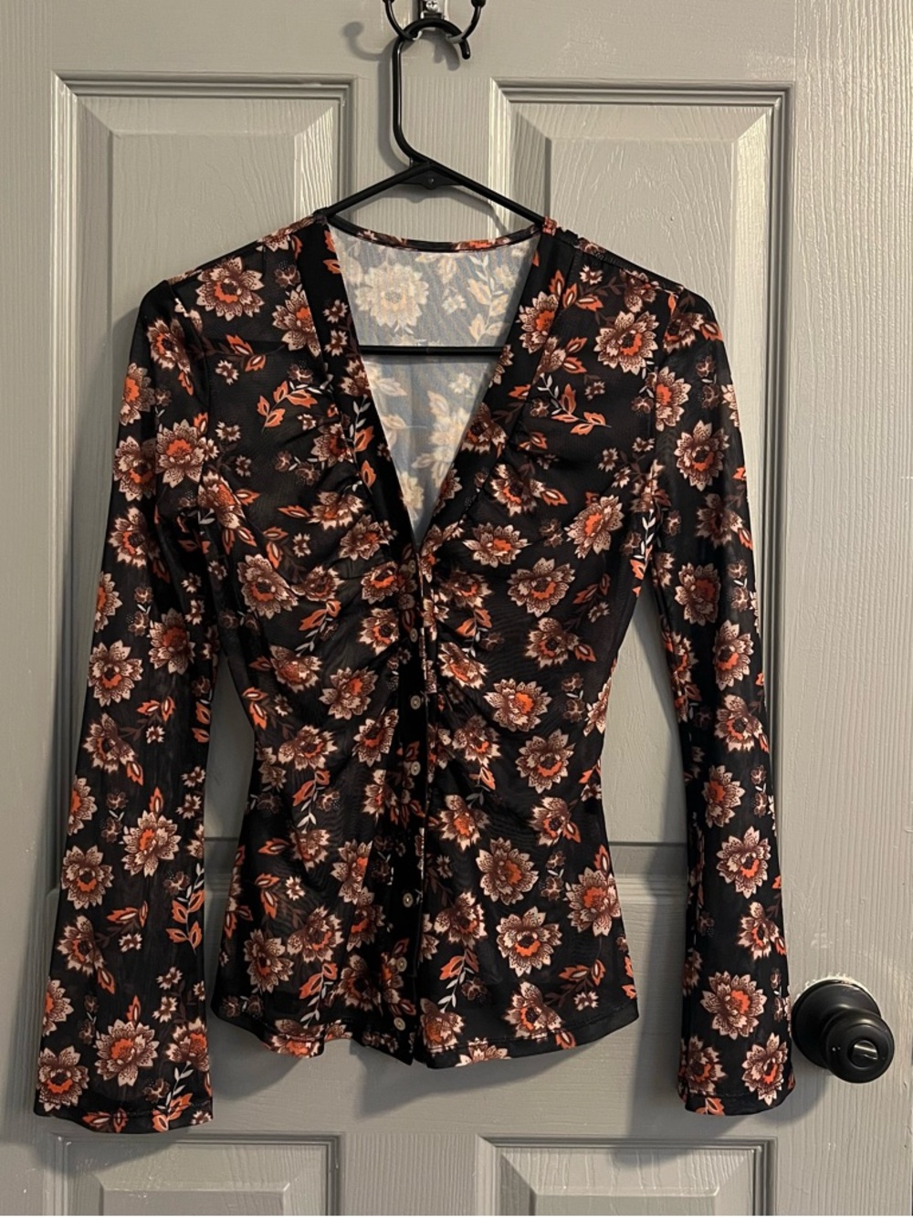 Floral Button-Front Long Sleeve Sheer Top Black Brown Orange Retro 70s